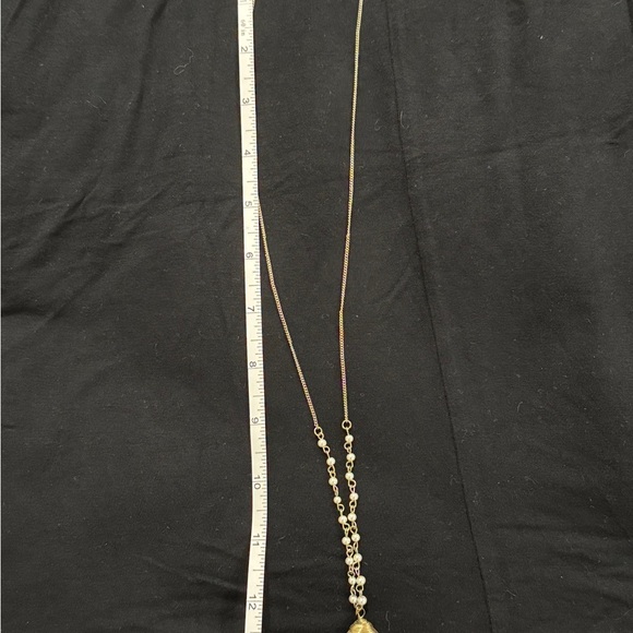 Long Pearl & Gold Chain Necklace with Large Teardrop Stone Pendant - Picture 3 of 3